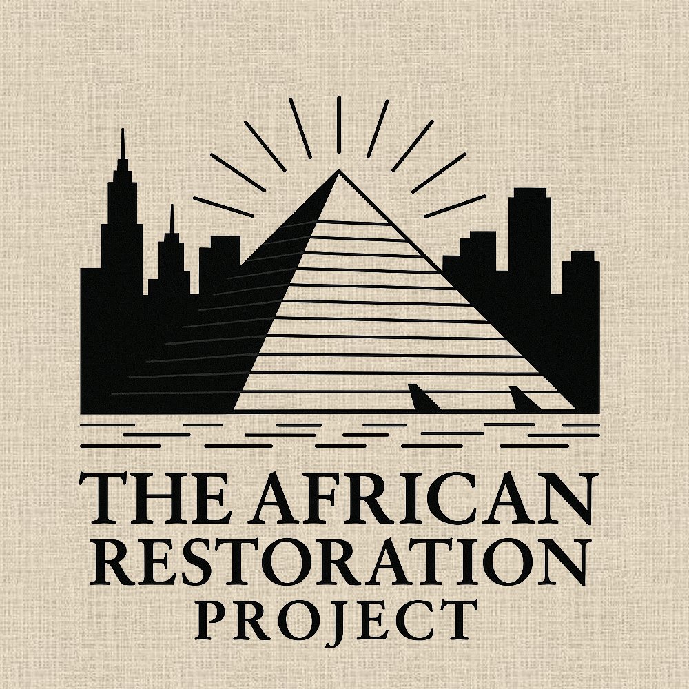 The Afrikan Restoration Project logo featuring a pyramid with city skylines, sun rays, and water elements